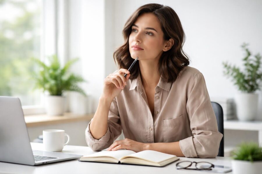 Pessoa jovem pensativa sentada em uma mesa moderna, olhando para um caderno em um ambiente de escritório iluminado.