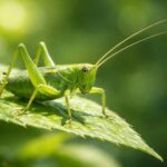 Um grilo verde posado em uma folha verde em um ambiente natural ao ar livre.