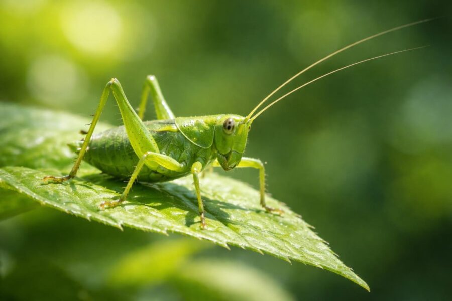 Um grilo verde posado em uma folha verde em um ambiente natural ao ar livre.