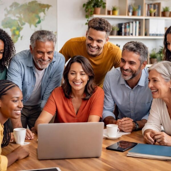 Grupo diversificado de pessoas brasileiras reunidas em um escritório moderno, discutindo em volta de uma mesa com laptops e cadernos.