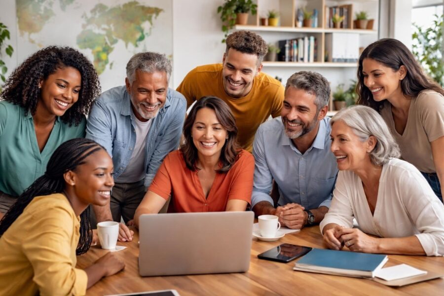 Grupo diversificado de pessoas brasileiras reunidas em um escritório moderno, discutindo em volta de uma mesa com laptops e cadernos.