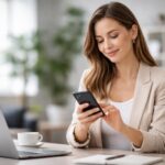 Pessoa jovem sentada à mesa de escritório usando um smartphone com expressão calma e confiante, com laptop e xícara de café na mesa.