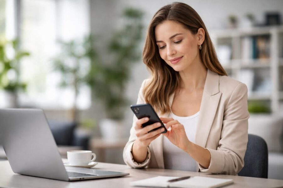 Pessoa jovem sentada à mesa de escritório usando um smartphone com expressão calma e confiante, com laptop e xícara de café na mesa.