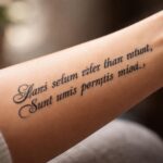 Braço com uma tatuagem em latim detalhada e elegante, destacando a pele e a arte da tatuagem.