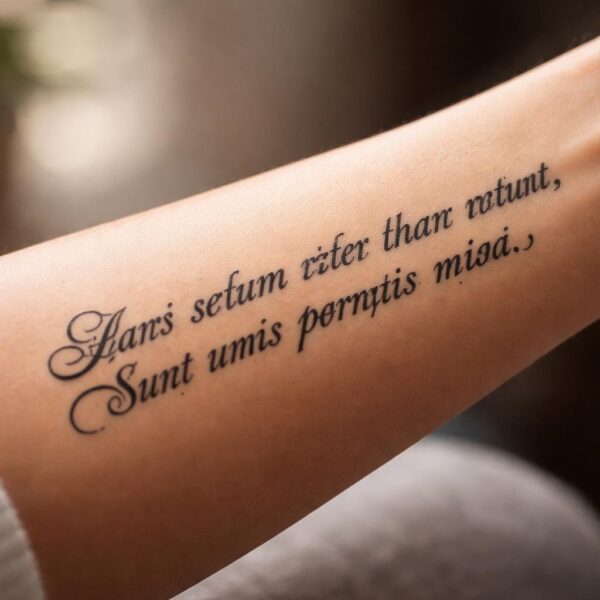 Braço com uma tatuagem em latim detalhada e elegante, destacando a pele e a arte da tatuagem.