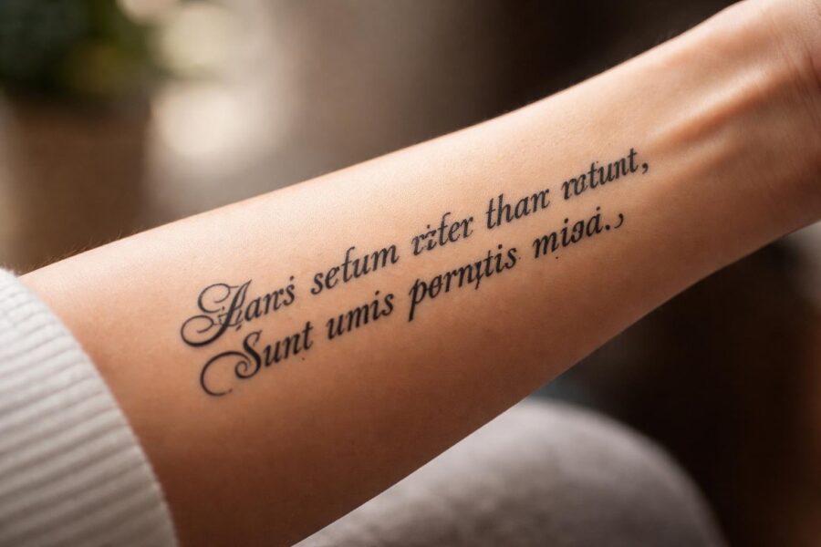 Braço com uma tatuagem em latim detalhada e elegante, destacando a pele e a arte da tatuagem.