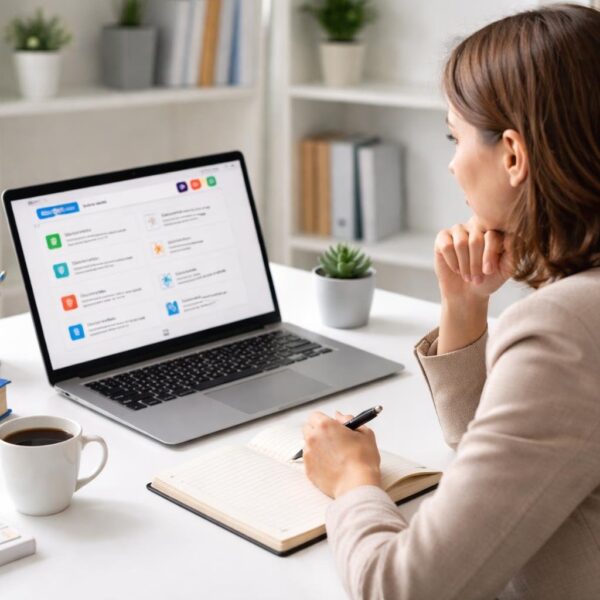 Pessoa sentada em uma mesa de escritório moderna, olhando atentamente para um laptop com materiais de estudo ao redor.