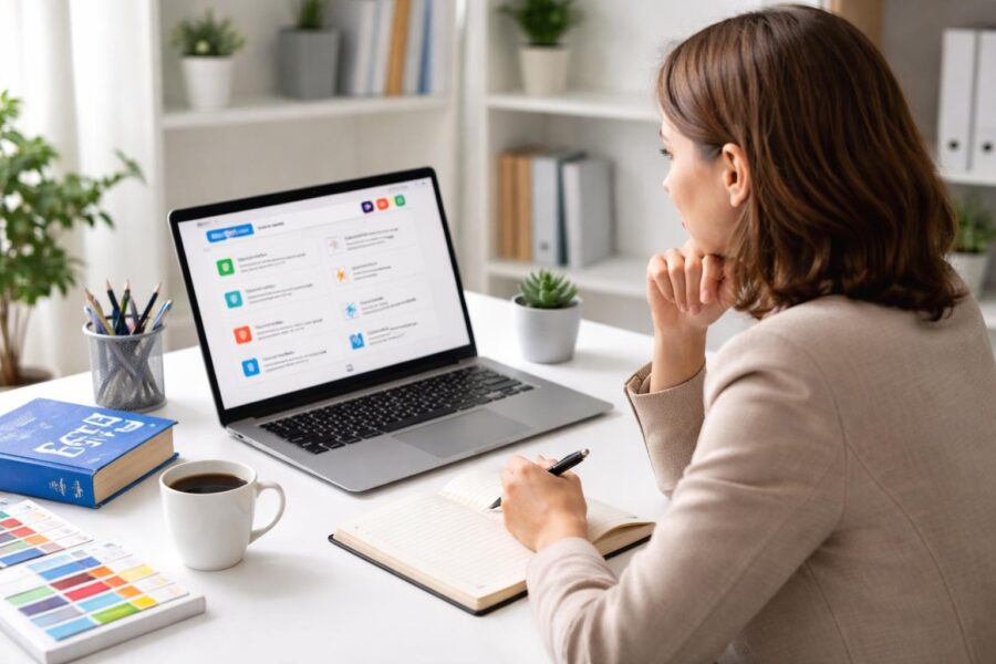 Pessoa sentada em uma mesa de escritório moderna, olhando atentamente para um laptop com materiais de estudo ao redor.