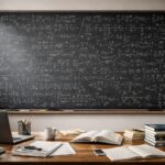 Quadro negro cheio de fórmulas matemáticas complexas em uma sala de estudo iluminada, com livros e laptop sobre a mesa.