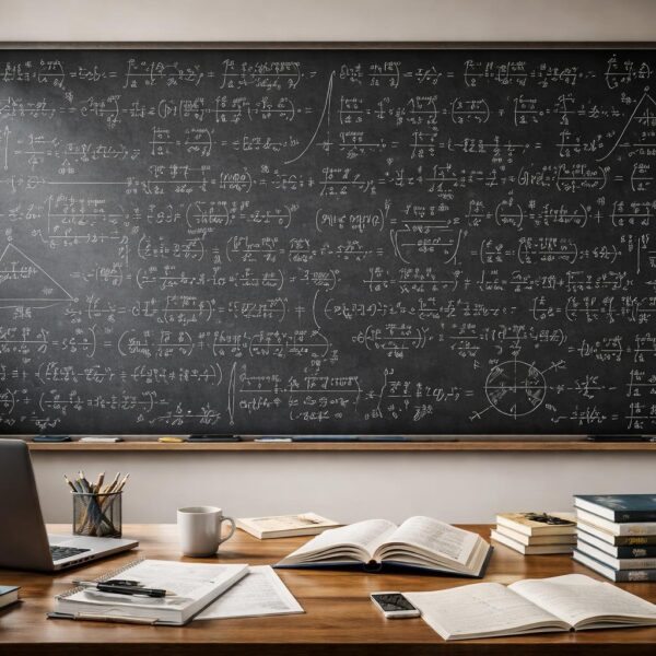 Quadro negro cheio de fórmulas matemáticas complexas em uma sala de estudo iluminada, com livros e laptop sobre a mesa.