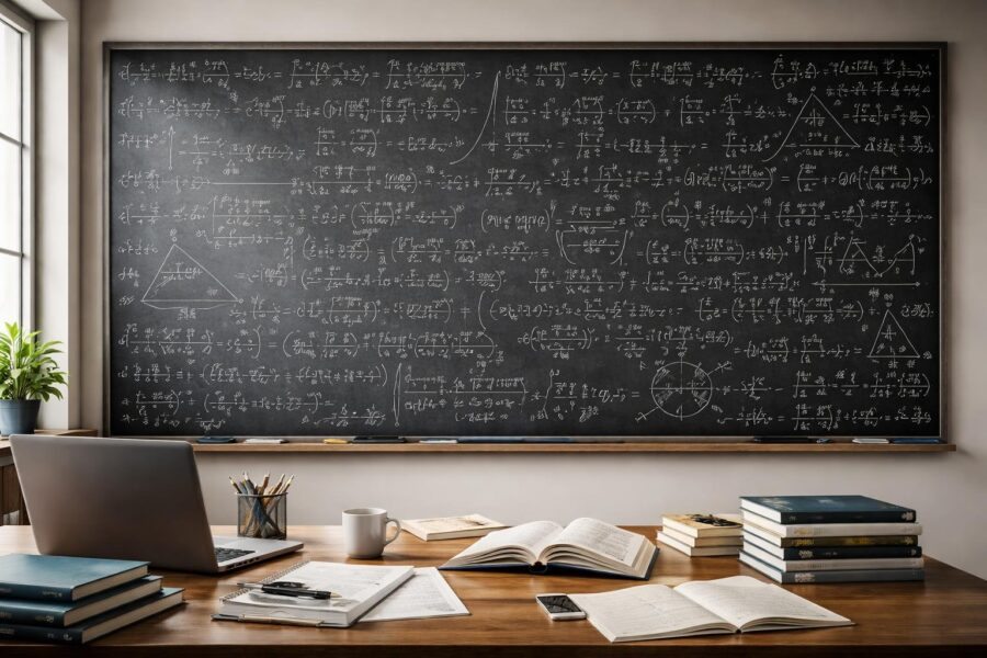 Quadro negro cheio de fórmulas matemáticas complexas em uma sala de estudo iluminada, com livros e laptop sobre a mesa.