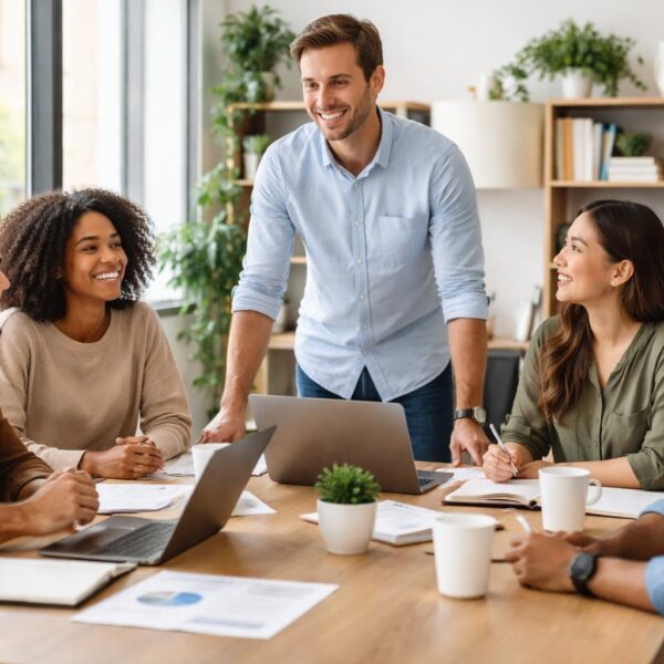 Grupo de profissionais jovens reunidos em uma sala de conferências moderna, sorrindo e colaborando em uma reunião.