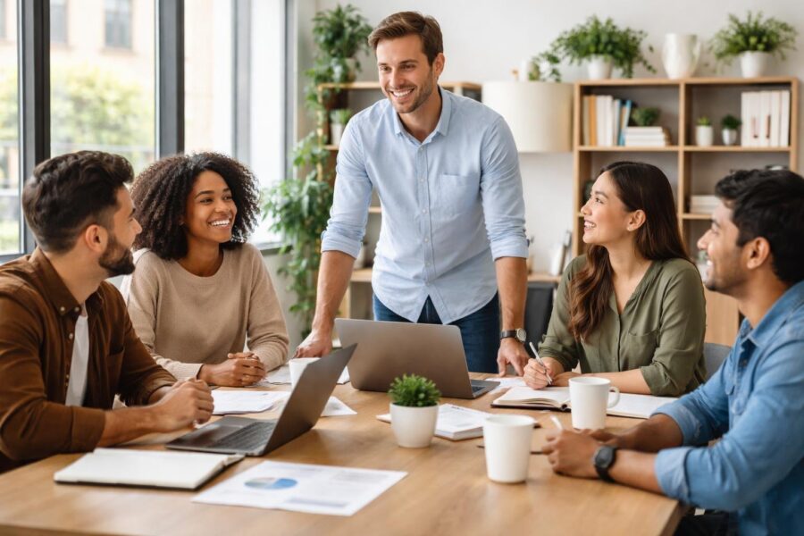 Grupo de profissionais jovens reunidos em uma sala de conferências moderna, sorrindo e colaborando em uma reunião.