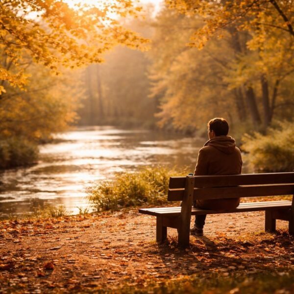 Pessoa sentada em um banco de parque olhando pensativa para o horizonte durante o pôr do sol, com árvores e um rio ao fundo.