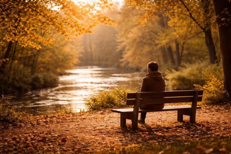 Pessoa sentada em um banco de parque olhando pensativa para o horizonte durante o pôr do sol, com árvores e um rio ao fundo.
