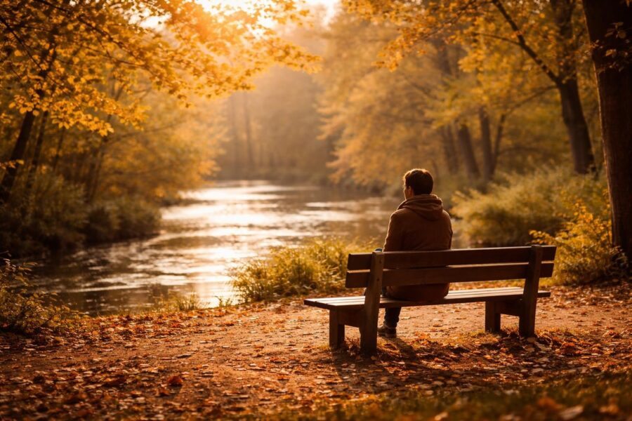 Pessoa sentada em um banco de parque olhando pensativa para o horizonte durante o pôr do sol, com árvores e um rio ao fundo.