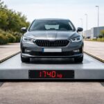 Um carro moderno sobre uma balança veicular digital ao ar livre em um dia claro, medindo o peso do veículo.