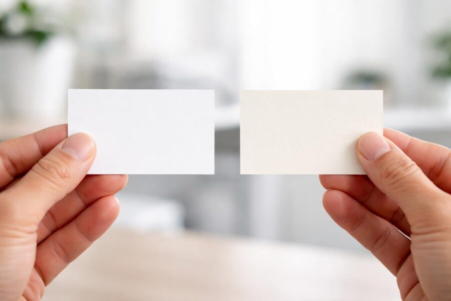Duas mãos segurando dois pequenos cartões retangulares diferentes em um ambiente de escritório.