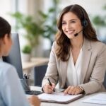 Um representante de atendimento ao cliente sorridente ajudando um cliente em um escritório moderno e bem iluminado.