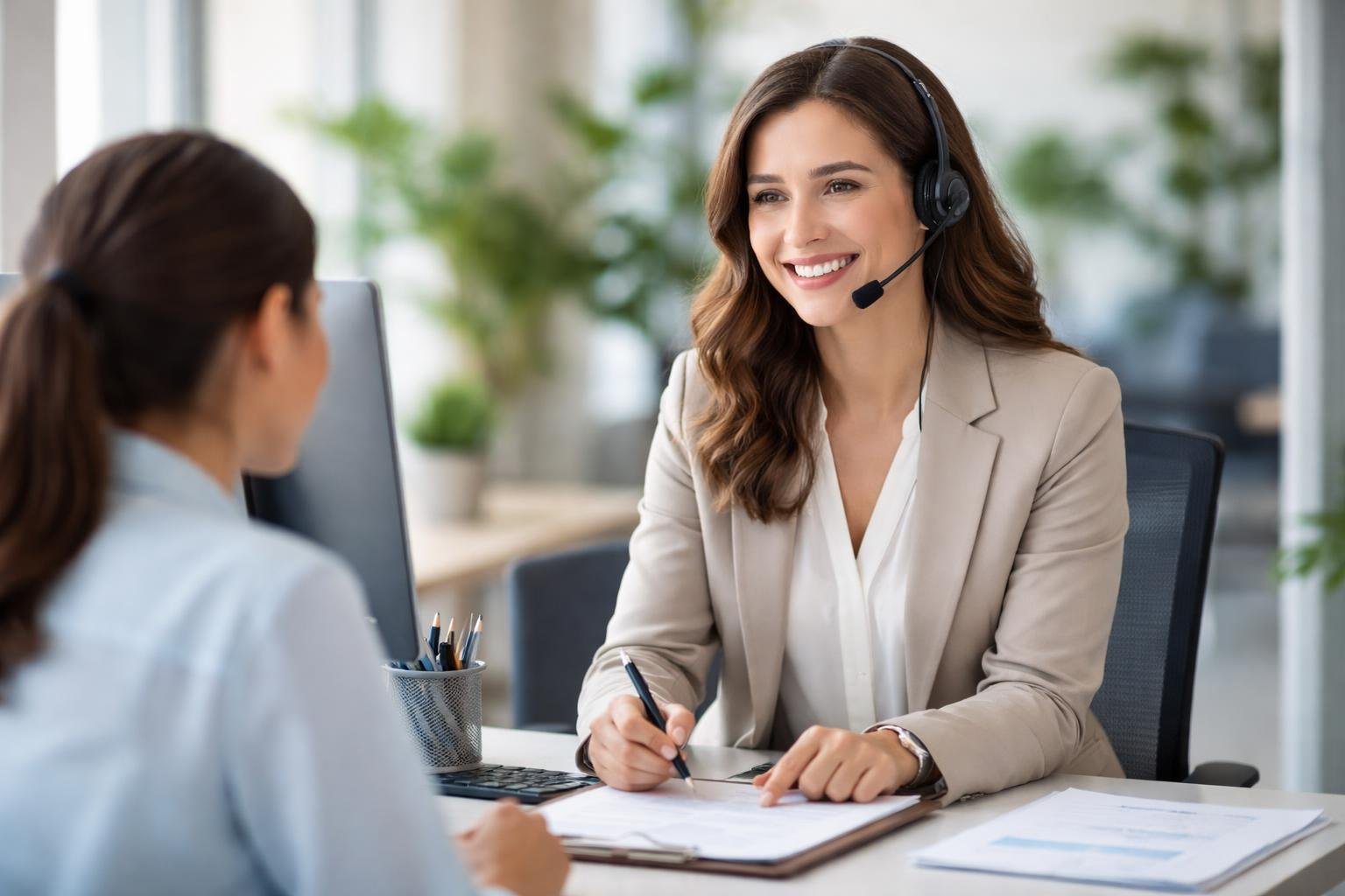 Um representante de atendimento ao cliente sorridente ajudando um cliente em um escritório moderno e bem iluminado.