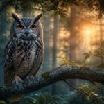 Uma coruja majestosa empoleirada em um galho de árvore ao anoitecer, em uma floresta mística com luz suave e névoa ao redor.