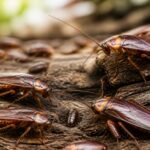 Várias baratas em uma superfície natural, como madeira ou solo, em foco próximo.