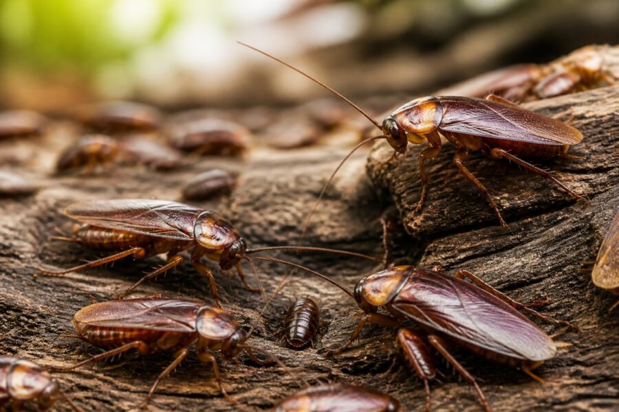 Várias baratas em uma superfície natural, como madeira ou solo, em foco próximo.