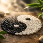 Símbolo yin yang feito de pedras pretas e brancas sobre uma superfície de madeira, cercado por folhas de bambu e uma leve névoa, transmitindo equilíbrio e espiritualidade.
