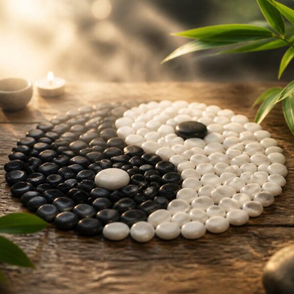 Símbolo yin yang feito de pedras pretas e brancas sobre uma superfície de madeira, cercado por folhas de bambu e uma leve névoa, transmitindo equilíbrio e espiritualidade.