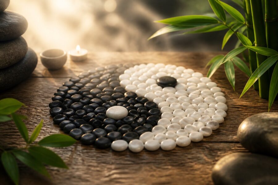 Símbolo yin yang feito de pedras pretas e brancas sobre uma superfície de madeira, cercado por folhas de bambu e uma leve névoa, transmitindo equilíbrio e espiritualidade.