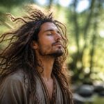 Pessoa com cabelo volumoso e despenteado em ambiente natural, com expressão calma e introspectiva.