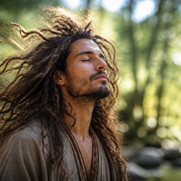 Pessoa com cabelo volumoso e despenteado em ambiente natural, com expressão calma e introspectiva.
