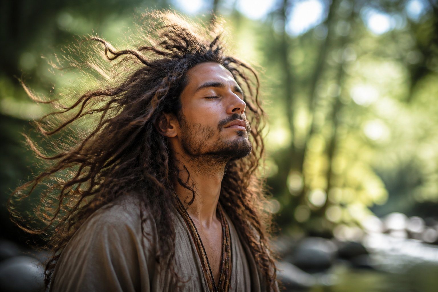 Pessoa com cabelo volumoso e despenteado em ambiente natural, com expressão calma e introspectiva.