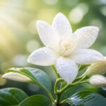 Uma flor de jasmim branca em plena floração com gotas de orvalho, em um fundo natural verde e iluminado pela luz suave do sol.