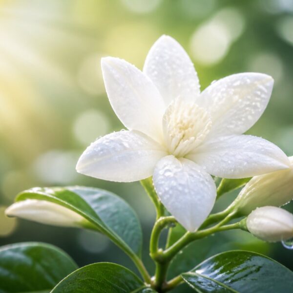 Uma flor de jasmim branca em plena floração com gotas de orvalho, em um fundo natural verde e iluminado pela luz suave do sol.