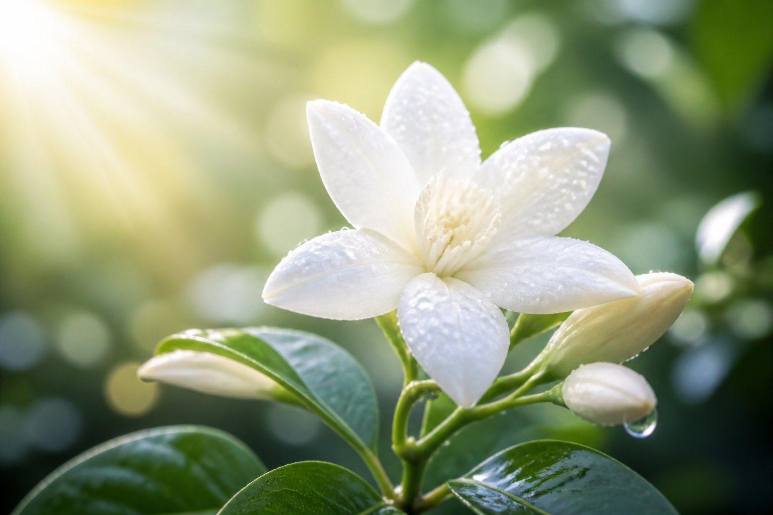 Uma flor de jasmim branca em plena floração com gotas de orvalho, em um fundo natural verde e iluminado pela luz suave do sol.