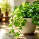 Planta jiboia com folhas verdes brilhantes em um vaso moderno, iluminada por luz natural suave em um ambiente tranquilo.
