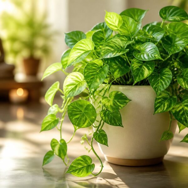 Planta jiboia com folhas verdes brilhantes em um vaso moderno, iluminada por luz natural suave em um ambiente tranquilo.