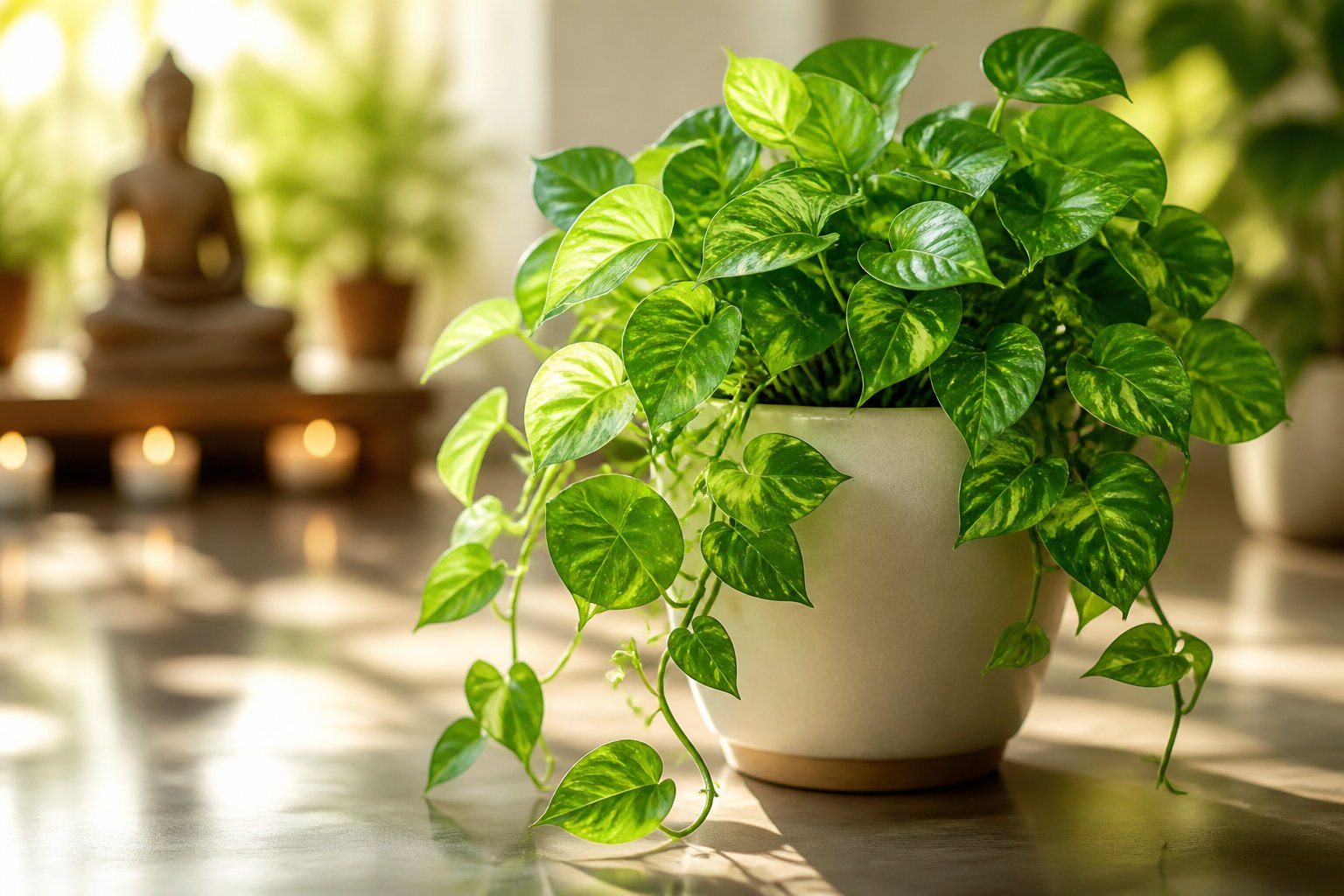 Planta jiboia com folhas verdes brilhantes em um vaso moderno, iluminada por luz natural suave em um ambiente tranquilo.