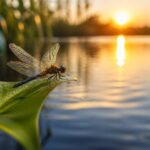 Uma libélula pousada delicadamente em uma folha verde próxima a um lago calmo ao nascer do sol.