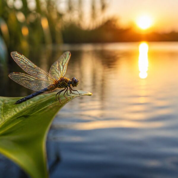 Uma libélula pousada delicadamente em uma folha verde próxima a um lago calmo ao nascer do sol.