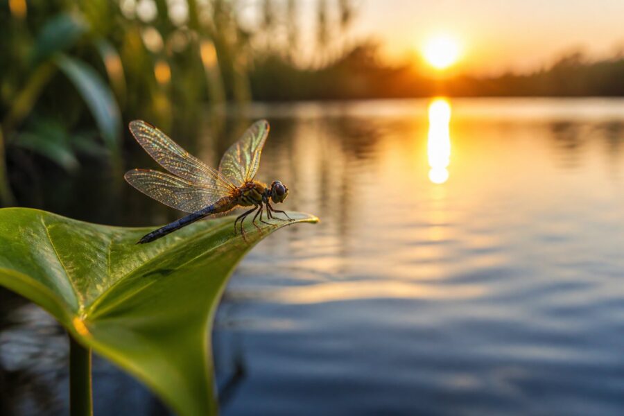 Uma libélula pousada delicadamente em uma folha verde próxima a um lago calmo ao nascer do sol.