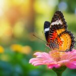 Borboleta colorida pousada em uma flor em um ambiente natural tranquilo com luz suave e vegetação ao fundo.