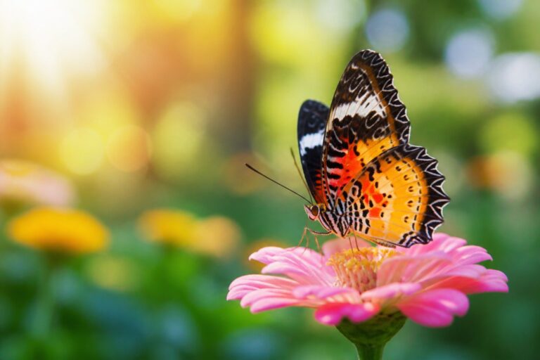 Borboleta colorida pousada em uma flor em um ambiente natural tranquilo com luz suave e vegetação ao fundo.