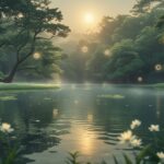 Cena serena de uma floresta ao amanhecer com um lago calmo refletindo a luz suave e flores brancas próximas à água.