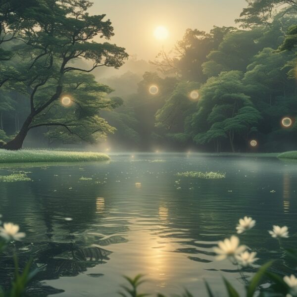 Cena serena de uma floresta ao amanhecer com um lago calmo refletindo a luz suave e flores brancas próximas à água.