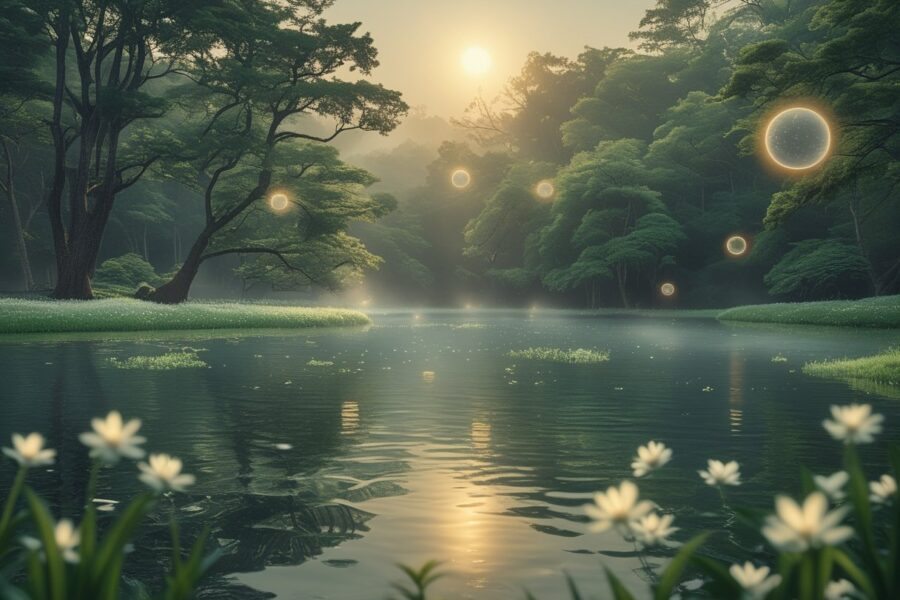 Cena serena de uma floresta ao amanhecer com um lago calmo refletindo a luz suave e flores brancas próximas à água.