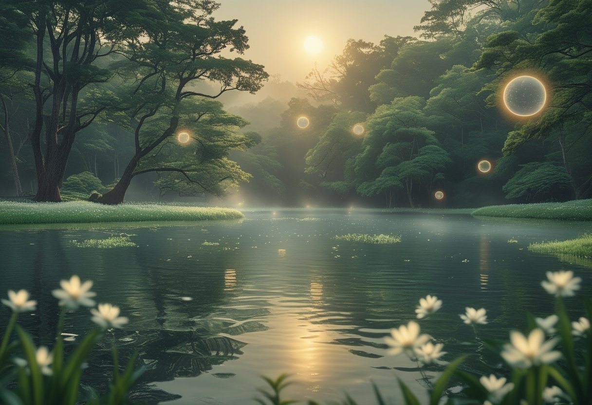 Cena serena de uma floresta ao amanhecer com um lago calmo refletindo a luz suave e flores brancas próximas à água.