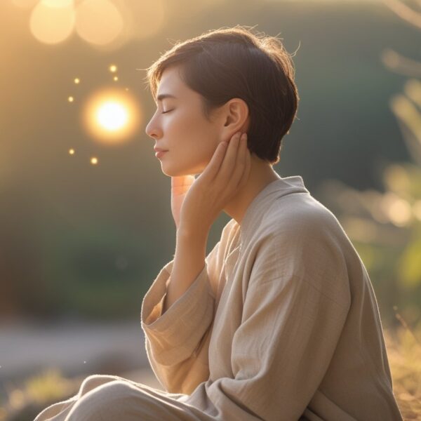 Pessoa em meditação com a mão tocando o ouvido esquerdo, em um ambiente ao ar livre com luz suave e elementos que sugerem energia espiritual.