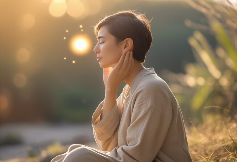 Pessoa em meditação com a mão tocando o ouvido esquerdo, em um ambiente ao ar livre com luz suave e elementos que sugerem energia espiritual.